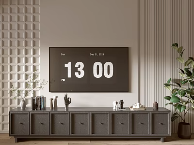Modern TV Stand With Decorative Items Green Plant Textured Walls And Digital Clock 3d model