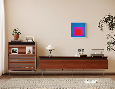 Modern Wooden TV Stand With Table Lamp Books And Wall Art In Living Room 3d model