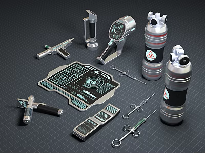 Essential Medical Devices Set With Syringes Scalpels Oxygen Cylinders And Measuring Tools 3d model