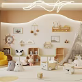 Cute Plush Toys in Cozy Kids Room with Tent Bookshelf and Star Decorations