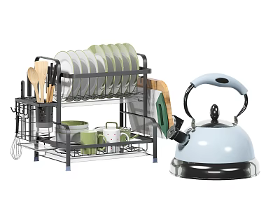 Organized Kitchenware Set With Dish Rack Plates Bowls Utensils And Kettle 3d model