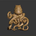 Golden Octopus Sculpture With Detailed Curly Tentacles And Metallic Texture On Dark Reflective Surface