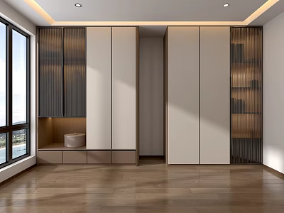 Modern Built-in Wardrobe Interior Design With Open Shelves Closed Cabinets And Wooden Flooring 3d model