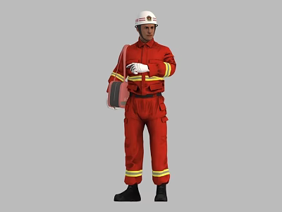 Man in Red Fire Suit with White Helmet Holding Fire Equipment 3d model