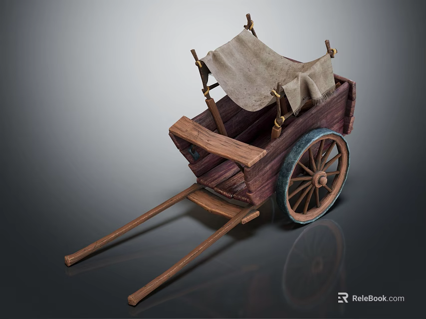 Ancient Wooden Cart With Canvas Cover Wooden Wheels Handles And Frame 3d model 