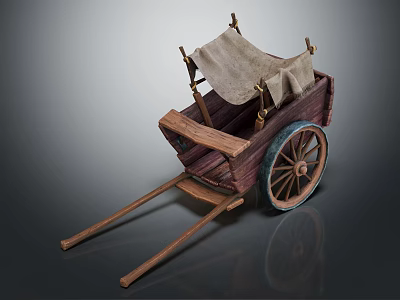 Ancient Wooden Cart With Canvas Cover Wooden Wheels Handles And Frame 3d model