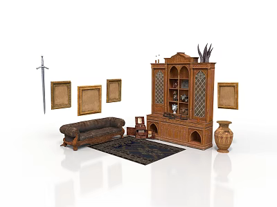 Traditional Interior Design With Wooden Cabinet Brown Sofa Picture Frames And Antique Vase 3d model
