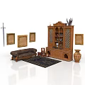 Traditional Interior Design With Wooden Cabinet Brown Sofa Picture Frames And Antique Vase