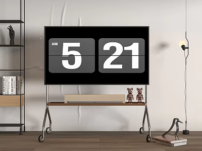Stylish TV Displaying AM 5 21 Time On Wooden Wheeled Table With Teddy Bears 3d model
