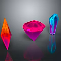 Colorful Glossy Gemstone Shapes In Orange Pink Blue On Black Background With Reflections