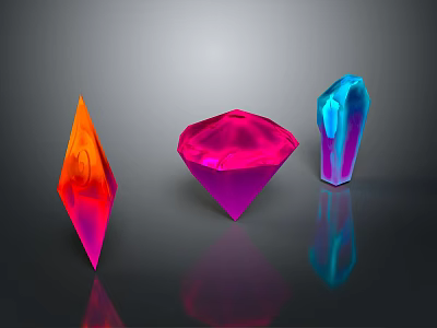 Colorful Glossy Gemstone Shapes In Orange Pink Blue On Black Background With Reflections 3d model