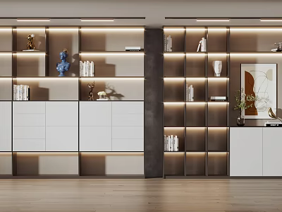 Modern Bookcase Design With Illuminated Layered Shelves Decorative Items And White Cabinets 3d model
