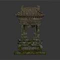 Traditional Stone Pavilion with Tiled Roof and Moss Covered Base in Classic Design
