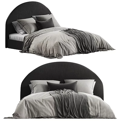 Double Bed With Arched Upholstered Headboard Layered Gray Blankets And Decorative Pillows In Modern Bedroom 3d model