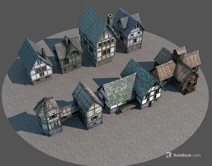 Multiple European Style Architecture Models with Diverse Roof Designs and Stone Wall Details 3d model 