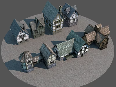 Multiple European Style Architecture Models with Diverse Roof Designs and Stone Wall Details 3d model