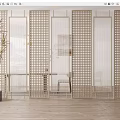 Modern Wooden Room Divider with Grid Design in Interior with Plant and Furniture