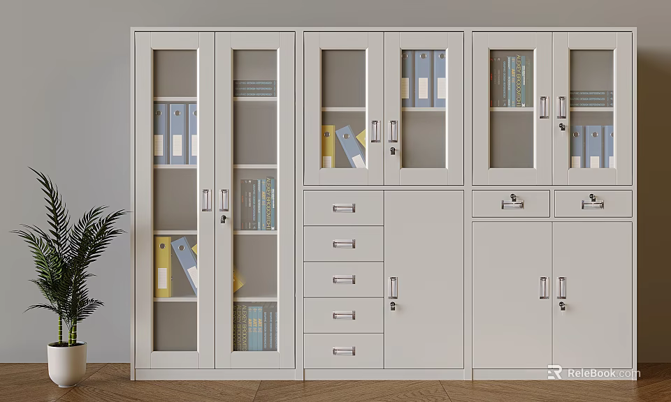 White Storage Cabinet with Glass Doors and Drawers Books and Folders Inside Green Plant Beside 3d model 