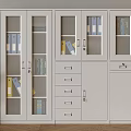 White Storage Cabinet with Glass Doors and Drawers Books and Folders Inside Green Plant Beside