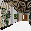 Modern Elevator Hallway Interior With Wooden Ceiling Green Wall Panels And Plants