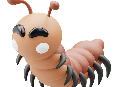 Cute Brown 3D Cartoon Caterpillar With Black Legs And Big Eyes 3d model