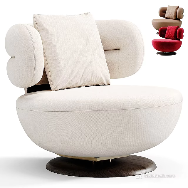 Modern White Upholstered Accent Chair With Plush Cushion Curved Arms And Round Wooden Base 3d model 