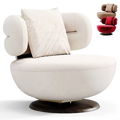 Modern White Upholstered Accent Chair With Plush Cushion Curved Arms And Round Wooden Base 3d model