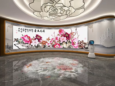 Elegant Interior Space With Floral Painting Calligraphy Marble Floor And Ceiling Pattern 3d model