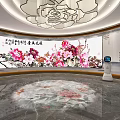 Elegant Interior Space With Floral Painting Calligraphy Marble Floor And Ceiling Pattern 3d model