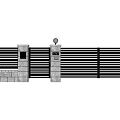 Modern Slatted Metal Fence With Gray Stone Pillars And Gate Design