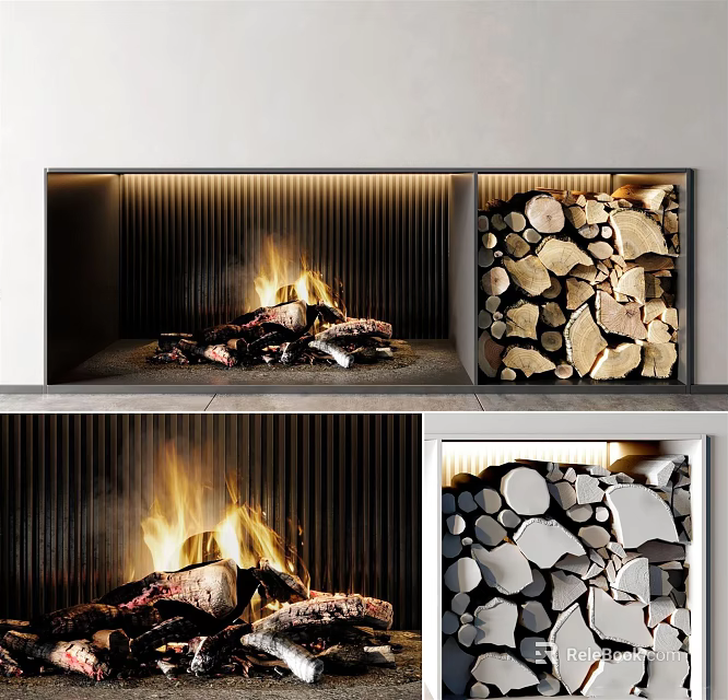 Elegant Modern Fireplace Interior Design With Burning Flames And Stacked Firewood 3d model 
