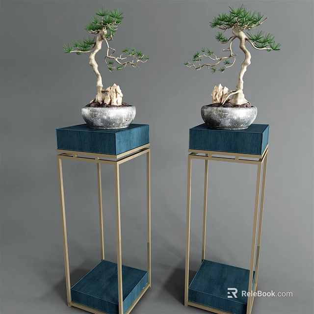 Bonsai Plants On Blue Pedestals With Golden Frames And Silver Pots 3d model 