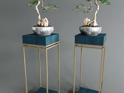 Bonsai Plants On Blue Pedestals With Golden Frames And Silver Pots 3d model