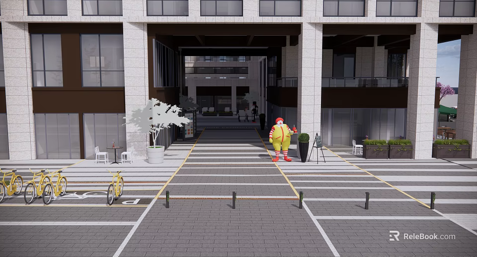 Modern Commercial Street Entrance With Yellow Cartoon Character Bicycle Green Plants And Outdoor Seating 3d model 