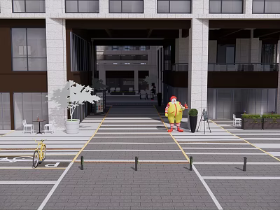 Modern Commercial Street Entrance With Yellow Cartoon Character Bicycle Green Plants And Outdoor Seating 3d model