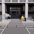 Modern Commercial Street Entrance With Yellow Cartoon Character Bicycle Green Plants And Outdoor Seating
