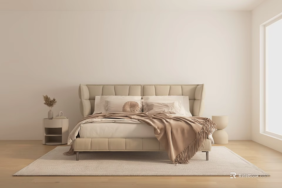 Double Bed Featuring Beige Headboard Soft Linens Pillows in Light Bedroom with Nightstand and Rug 3d model 