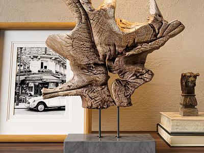Decorative Ornament Collection With Wooden Sculpture Metal Stand Marble Base Figurine Framed Photo And Books 3d model