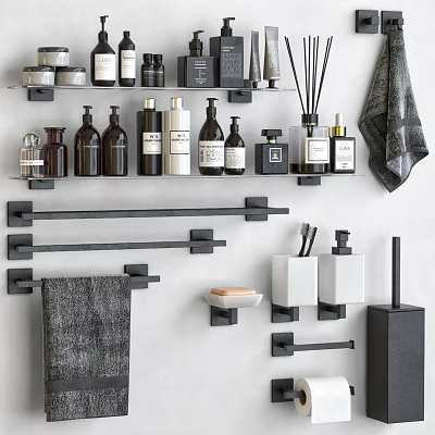 Stylish Bathroom Accessories On Wall With Shelves Bottles Towel Racks Towels Soap Dish Toothbrush Holders 3d model