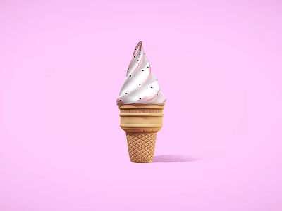 Creamy White Ice Cream In Brown Waffle Cone With Black Sprinkles On Pink Background 3d model