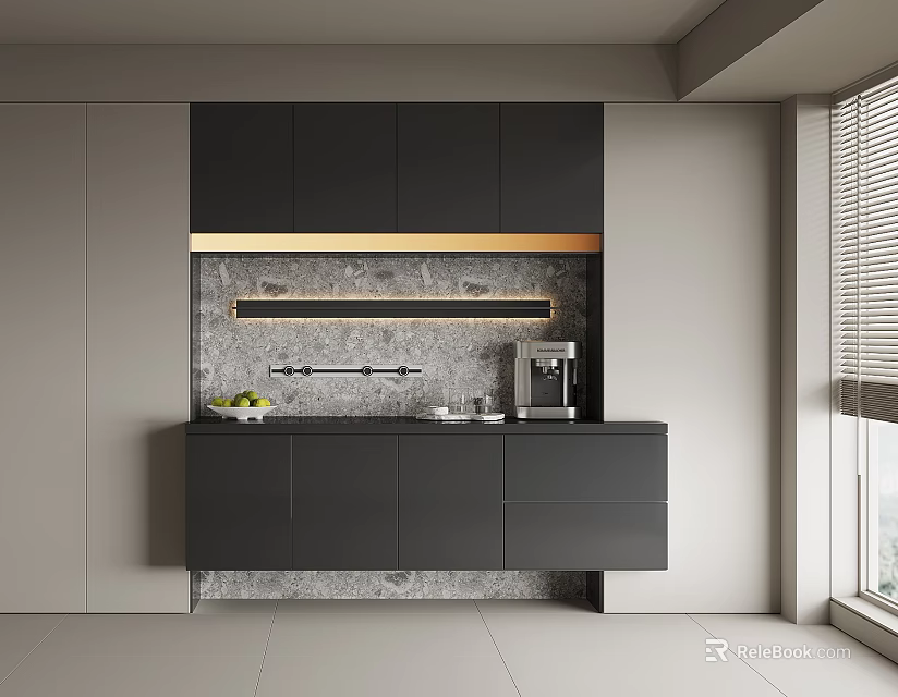 Modern Open Kitchen Interior Featuring Stylish Wine Cabinet And Countertop 3d model 