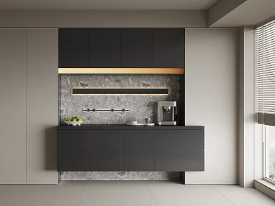 Modern Open Kitchen Interior Featuring Stylish Wine Cabinet And Countertop 3d model