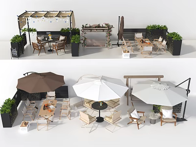 Elegant Outdoor Table With Umbrella Chairs And Green Plants In Patio Space 3d model