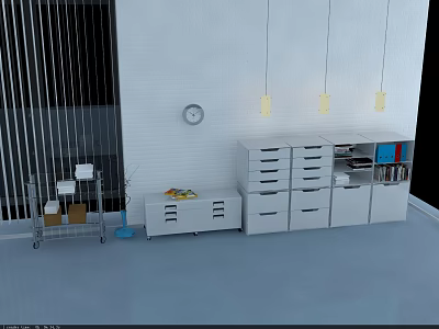 Modern White Bookcase With Storage Drawers In Bright Modern Interior Space 3d model
