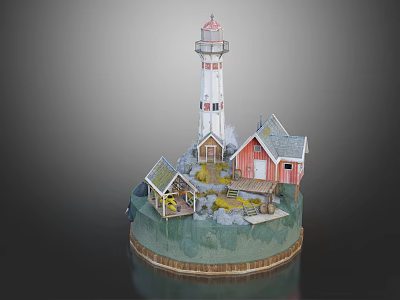 Cartoon Scene With Lighthouse Small Houses Green Grass And Trees On Circular Base 3d model