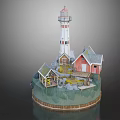 Cartoon Scene With Lighthouse Small Houses Green Grass And Trees On Circular Base