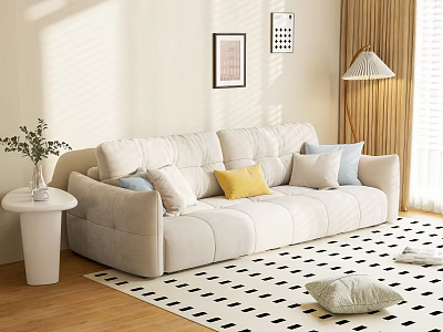 Modern Beige Multi person Sofa With Colorful Cushions Geometric Rug Wall Art And Floor Lamp 3d model