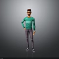 3D Male Character Model In Green Sweater And Purple Pants Standing Against Gray Background