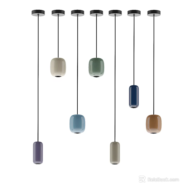 Collection of Modern Multicolored Cylindrical Pendant Lights Hanging on Black Cords 3d model 