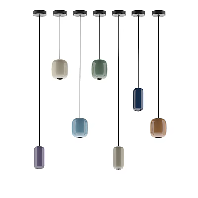 Collection of Modern Multicolored Cylindrical Pendant Lights Hanging on Black Cords 3d model
